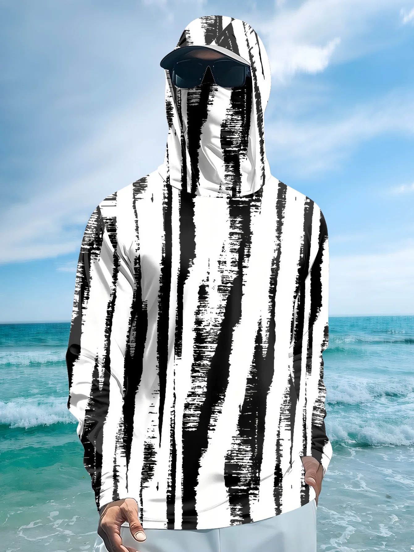 Fishing Mask Sun Protection - Hoodie Pancing Pria dengan Motif Garis